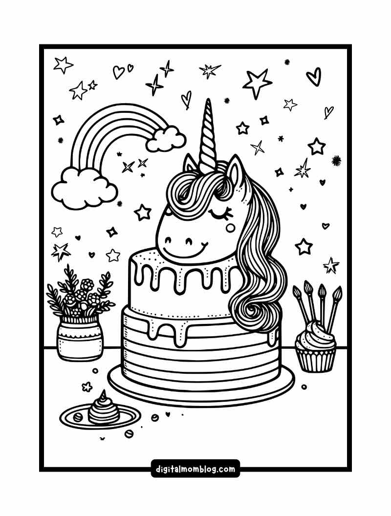 Happy Birthday Unicorn Cake Coloring Pages