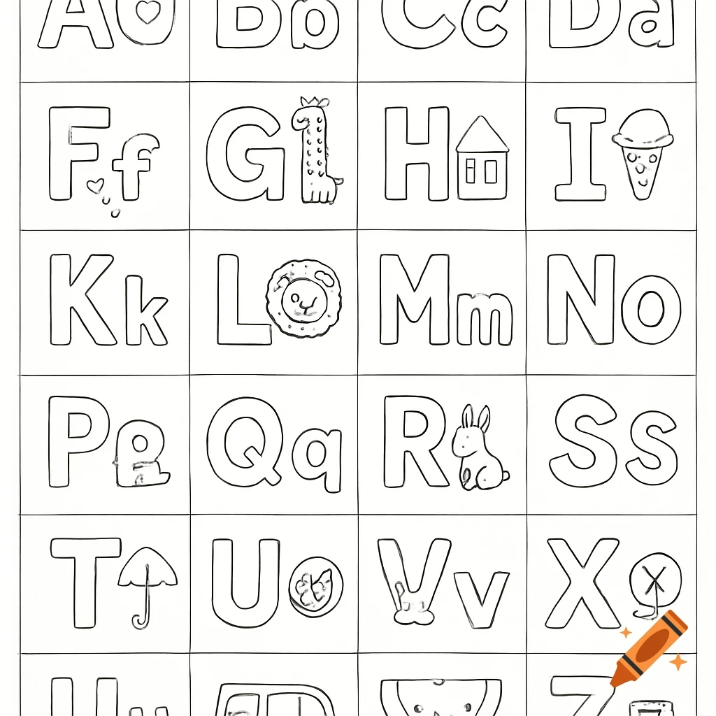 A Black And White Alphabet Coloring Page Grid Featuring Uppercase And Lowercase Letters With Simple Illustrations For Each Letter On Craiyon A Black And White Alphabet Coloring Page Grid Featuring Uppercase And Lowercase Letters With Simple Illustrations For Each Letter On Craiyon