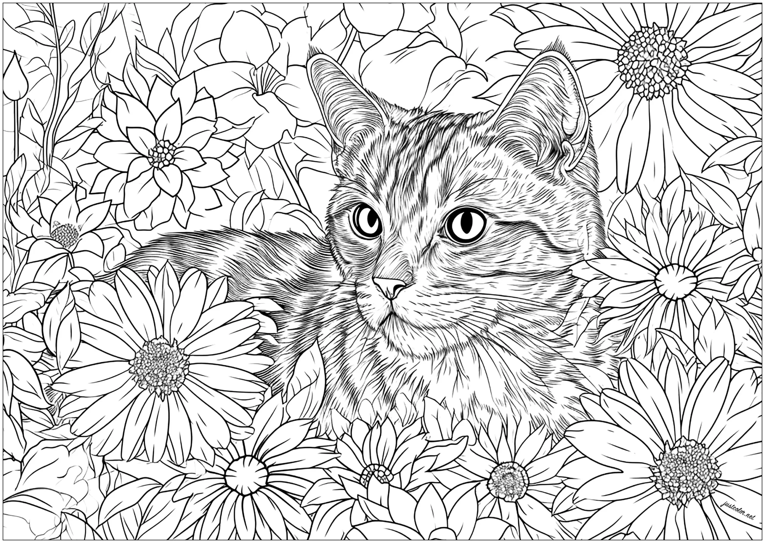 A Pretty Realistic Cat With Lots Of Flowers To Color Cat Coloring Pages For Adults A Pretty Realistic Cat With Lots Of Flowers To Color Cat Coloring Pages For Adults