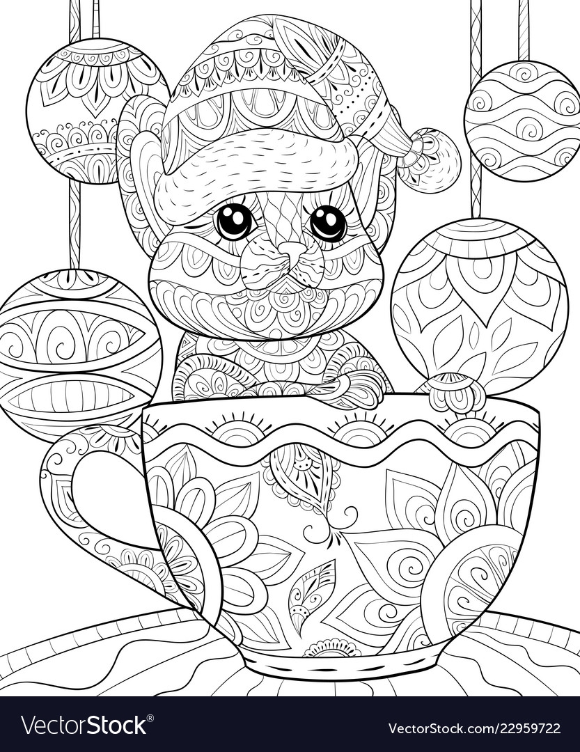 Adult Coloring Bookpage A Cute Cat With Christmas Vector Image