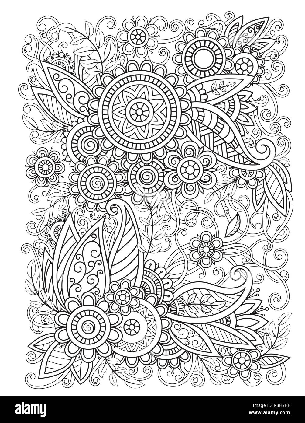 Adult Coloring Page With Oriental Floral Pattern Black And White Doodle Flowers Bouquet Line Art Vector Illustration Isolated On White Background Mehndi Vector Design Stock Vector Image Art Alamy
