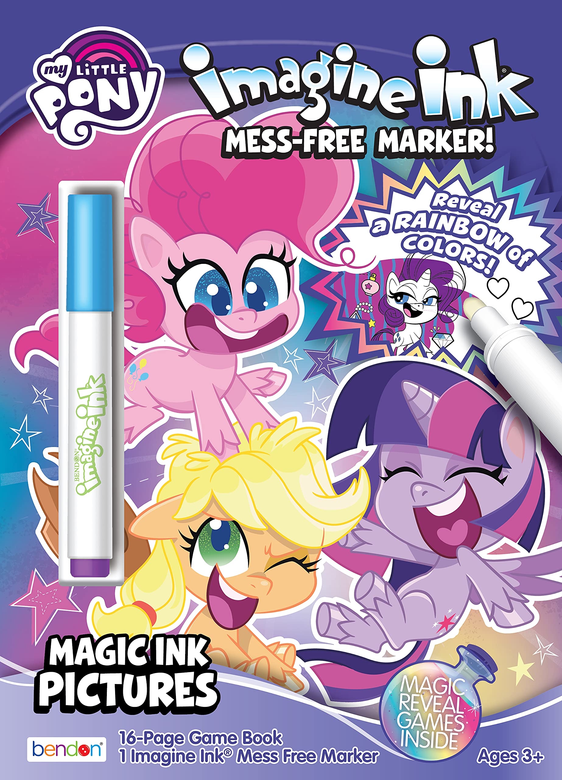 Amazon My Little Pony 16 Page Imagine Ink Coloring Book With 1 Mess Free Magic Ink Marker Bendon 51403 Toys Games