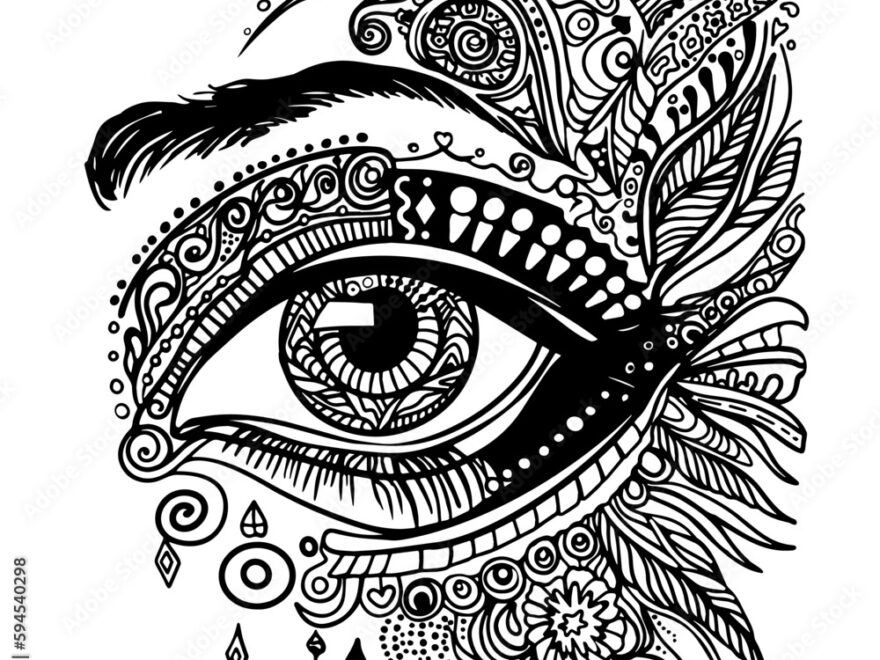 Antistress Coloring Page Magic Eye With Feathers Instead Of Eyelashes Mandala Style Isolated On White For Child Colourin Book Tattoo Design Printing Package Card Designer Clothes Icon Logo Stock Vector Adobe