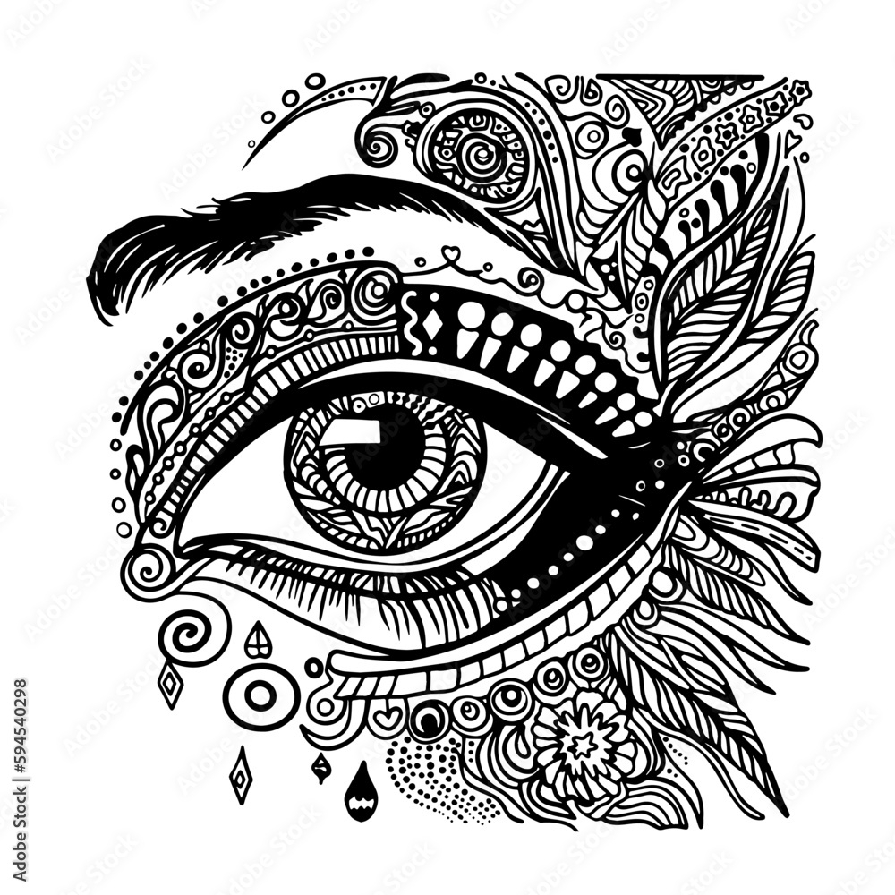 Antistress Coloring Page Magic Eye With Feathers Instead Of Eyelashes Mandala Style Isolated On White For Child Colourin Book Tattoo Design Printing Package Card Designer Clothes Icon Logo Stock Vector Adobe