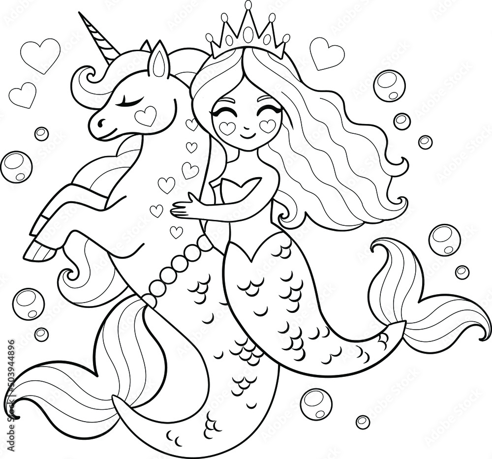 Beautiful Mermaid Princess With Kelpie Horse Vector Outline For Coloring Page Stock Vector Adobe Stock Beautiful Mermaid Princess With Kelpie Horse Vector Outline For Coloring Page Stock Vector Adobe Stock