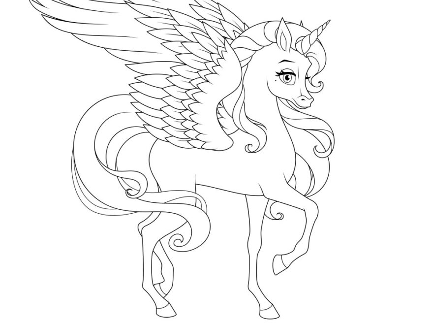 Beautiful Unicorn With Wings Coloring Page Vector Image
