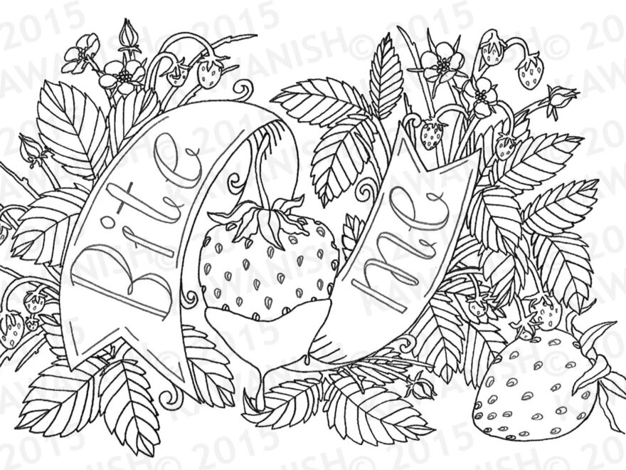 Bite Me Strawberry Adult Coloring Page Wall Art Gift Funny Humor Etsy
