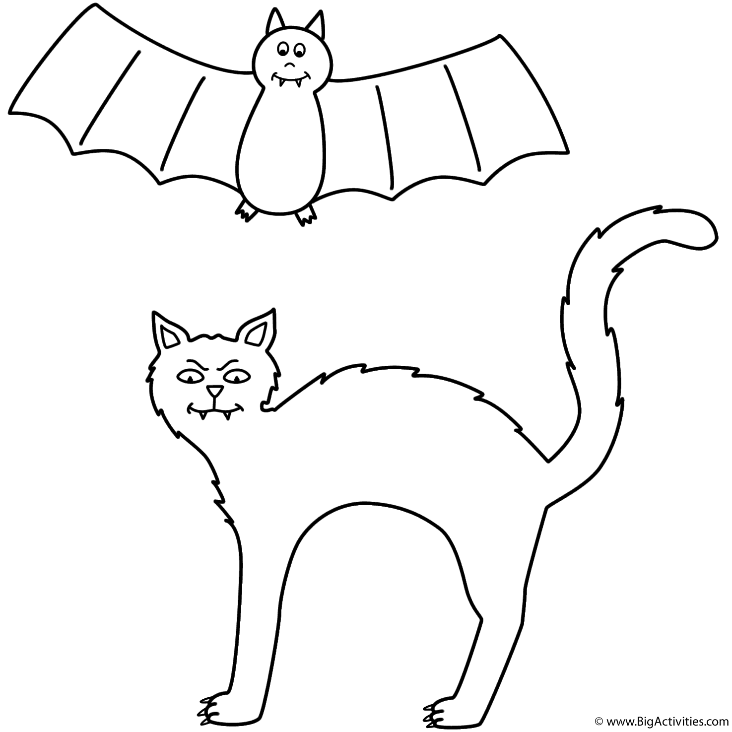 Black Cat With Bat Coloring Page Halloween 