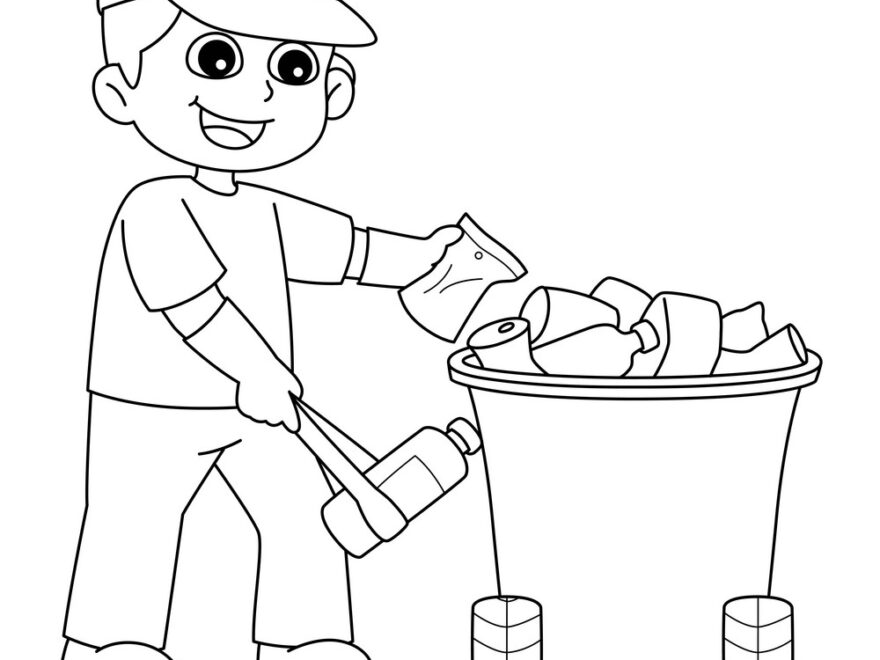 Boy Picking Up Litter Isolated Coloring Page Vector Image