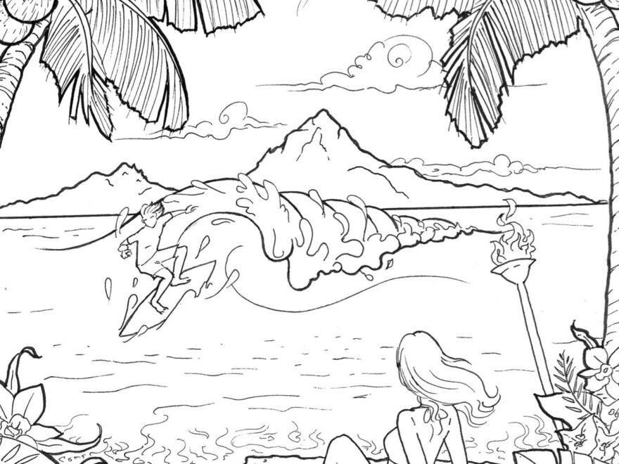 Chill Beach Escape Adult Coloring Page Instant Digital Download Surf Wave Ocean Palm Tress Tropical Flowers Beach Girl Etsy