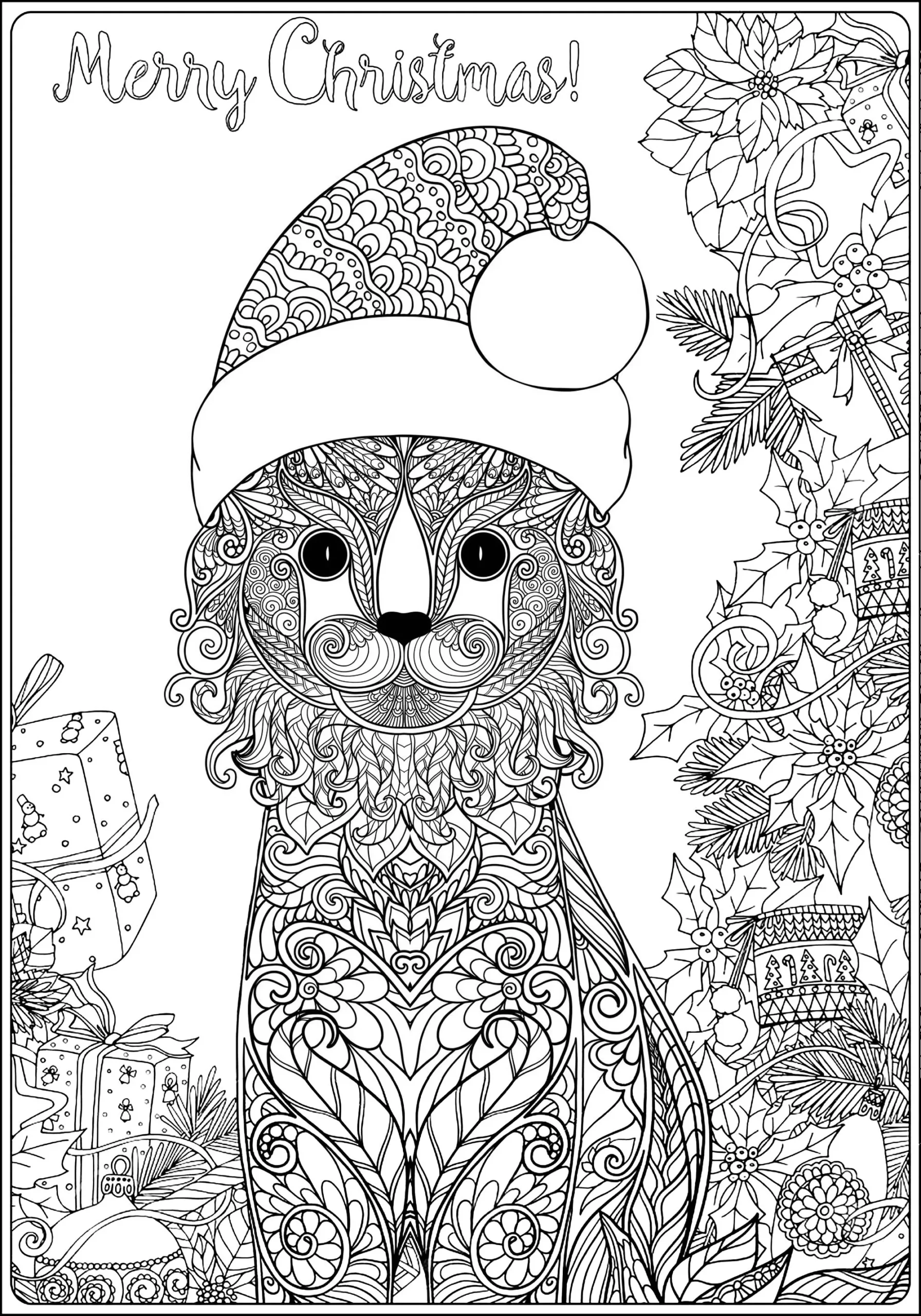 Christmas Cat With Gifts Long Version Christmas Coloring Pages For Adults
