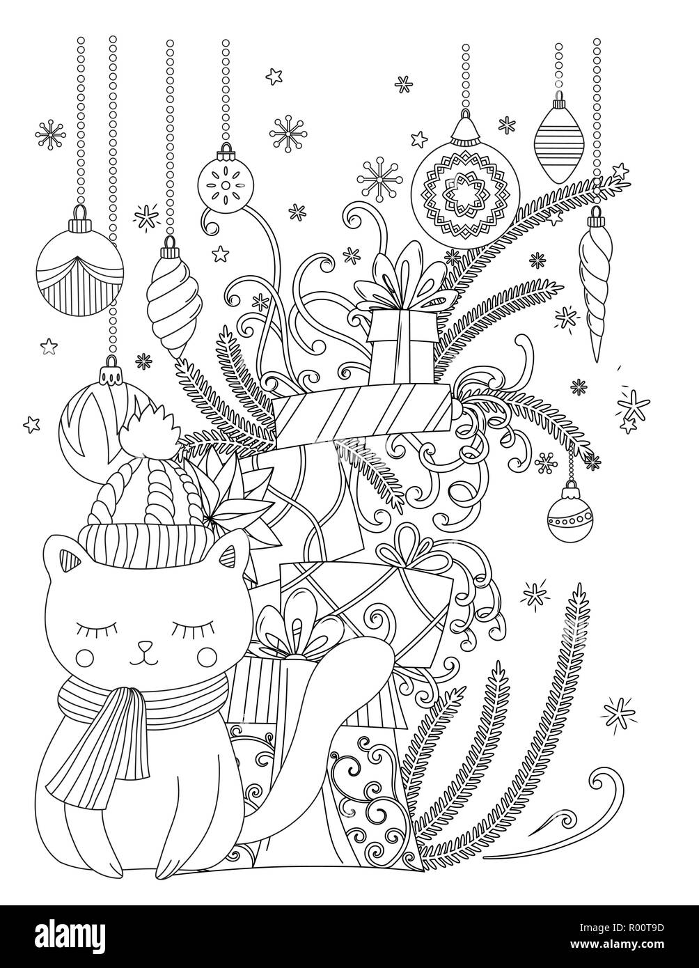 Christmas Coloring Page For Kids And Adults Cute Cat With Scarf And Knitted Cap Pile Of Holiday Presents Hand Drawn Vector Illustration Stock Vector Image Art Alamy