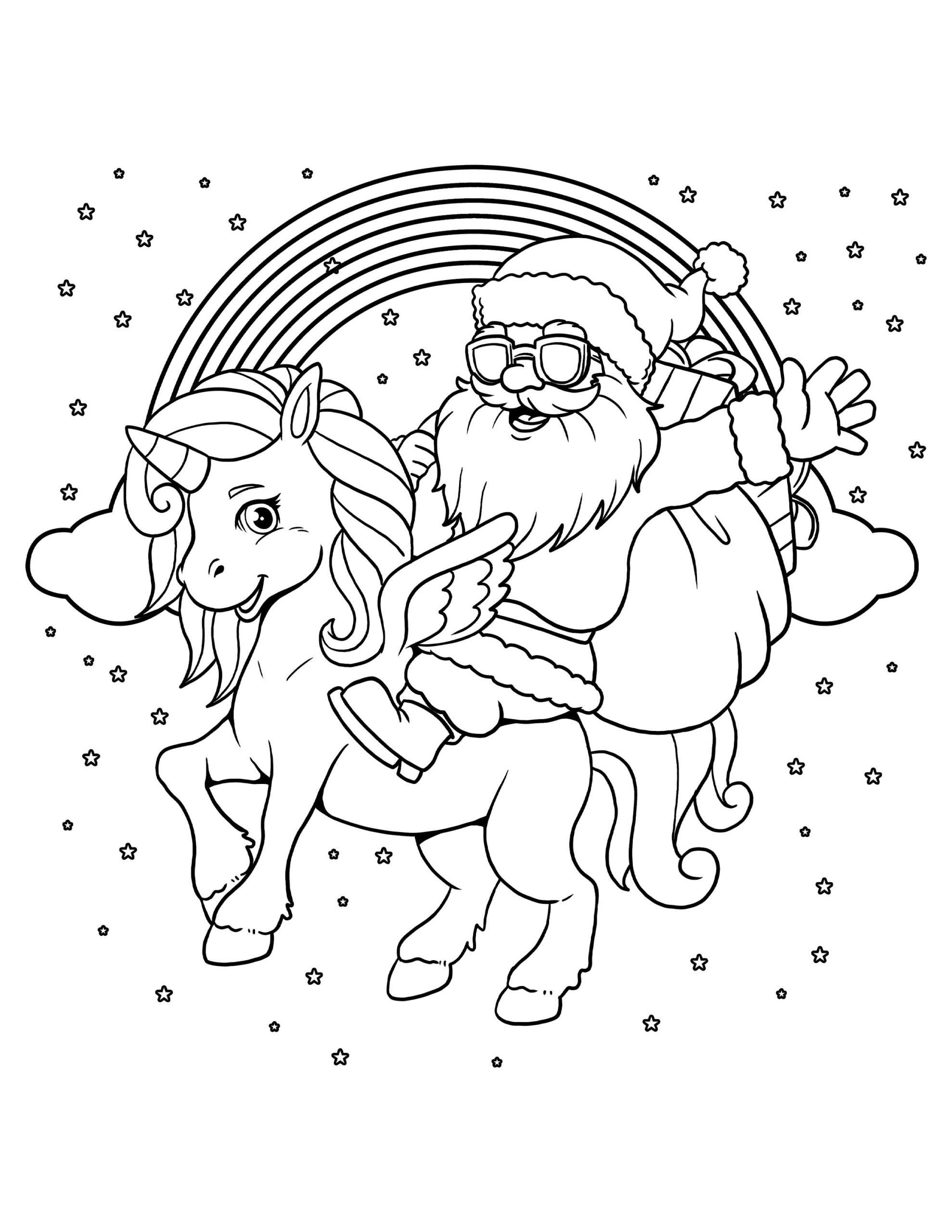 Christmas Santa Riding Unicorn Printable Digital Download Christmas Coloring Page Etsy