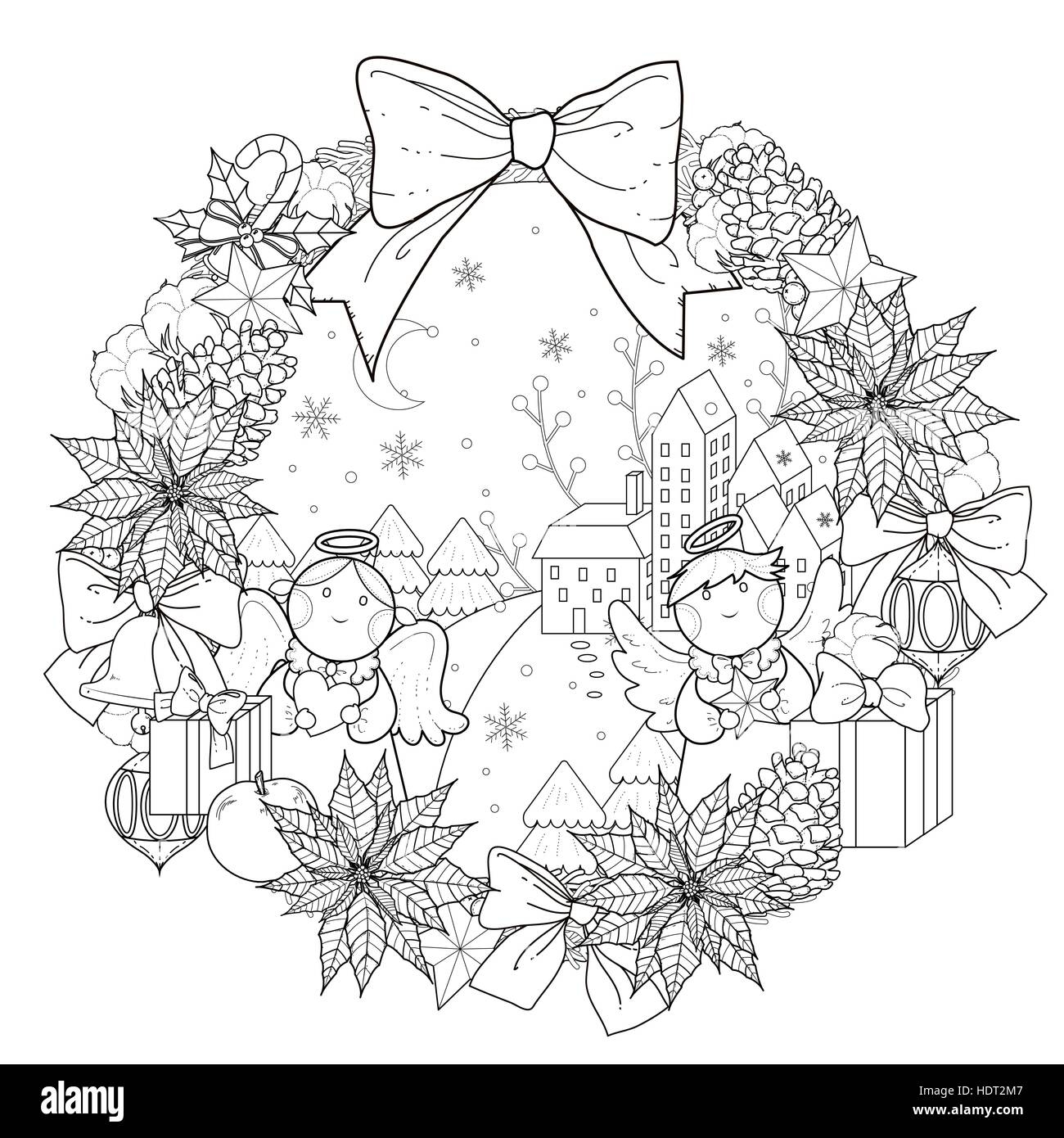 Christmas Wreath Coloring Page With Decorations In Exquisite Line Stock Vector Image Art Alamy Christmas Wreath Coloring Page With Decorations In Exquisite Line Stock Vector Image Art Alamy