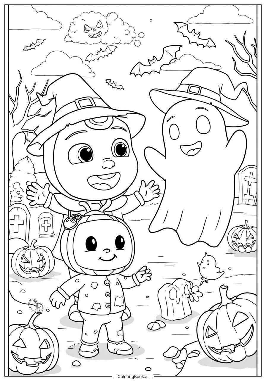Cocomelon Ghostly Halloween Parade Coloring Page Free PDF PNG Printable 