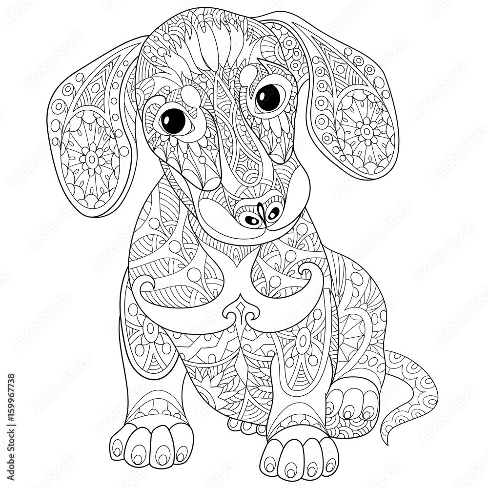 Coloring Book Page Of Dachshund Puppy Dog Isolated On White Background Freehand Sketch Drawing For Adult Antistress Colouring With Doodle And Zentangle Elements Stock Vector Adobe Stock