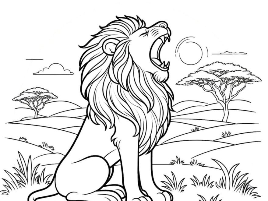 Coloring Lion Roaring In The Savannah