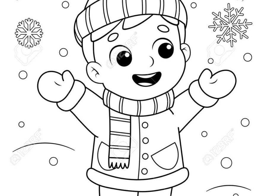 Coloring Page Of A Cute Cartoon Kid In Winter Clothes Enjoying The Snow Coloring Book For Kids Royalty Free SVG Cliparts Vectors And Stock Illustration Image 157692829