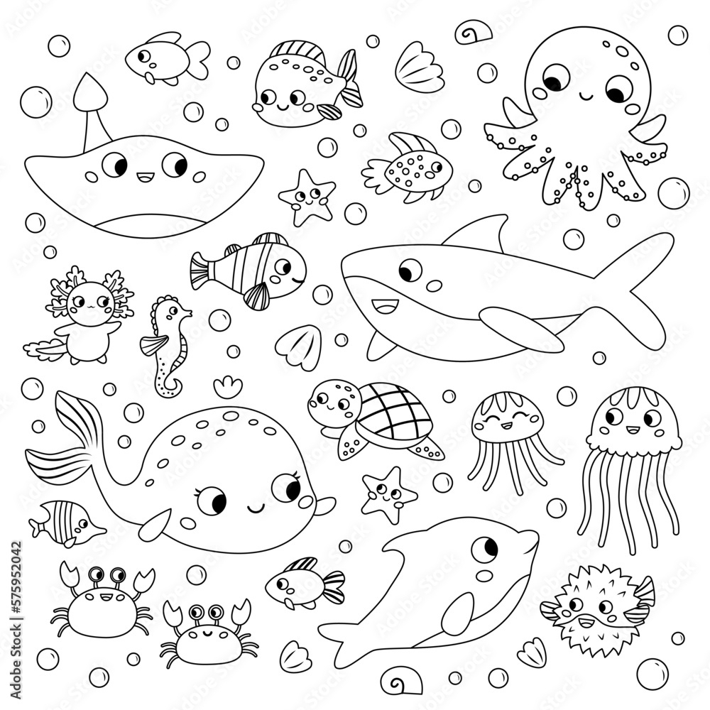 Coloring Page With Sea Animals Cute Cartoon Characters Set Ocean Fish Octopus Dolphin Shark Whale Turtle And Crab Doodle Style Outline Vector Illustration For Coloring Book Stock Vector Adobe Stock