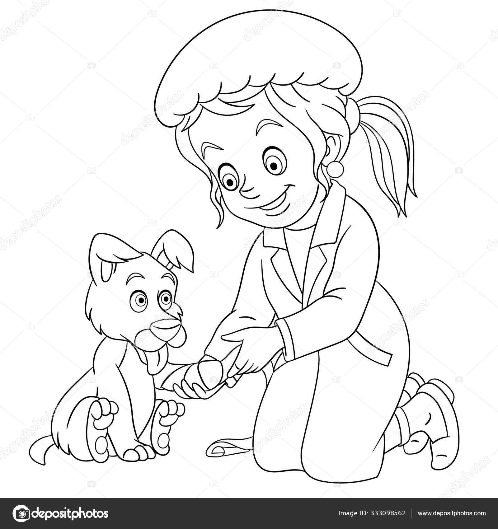Coloring Page With Vet Veterinarian Girl And Dog Stock Vector By Sybirko 333098562