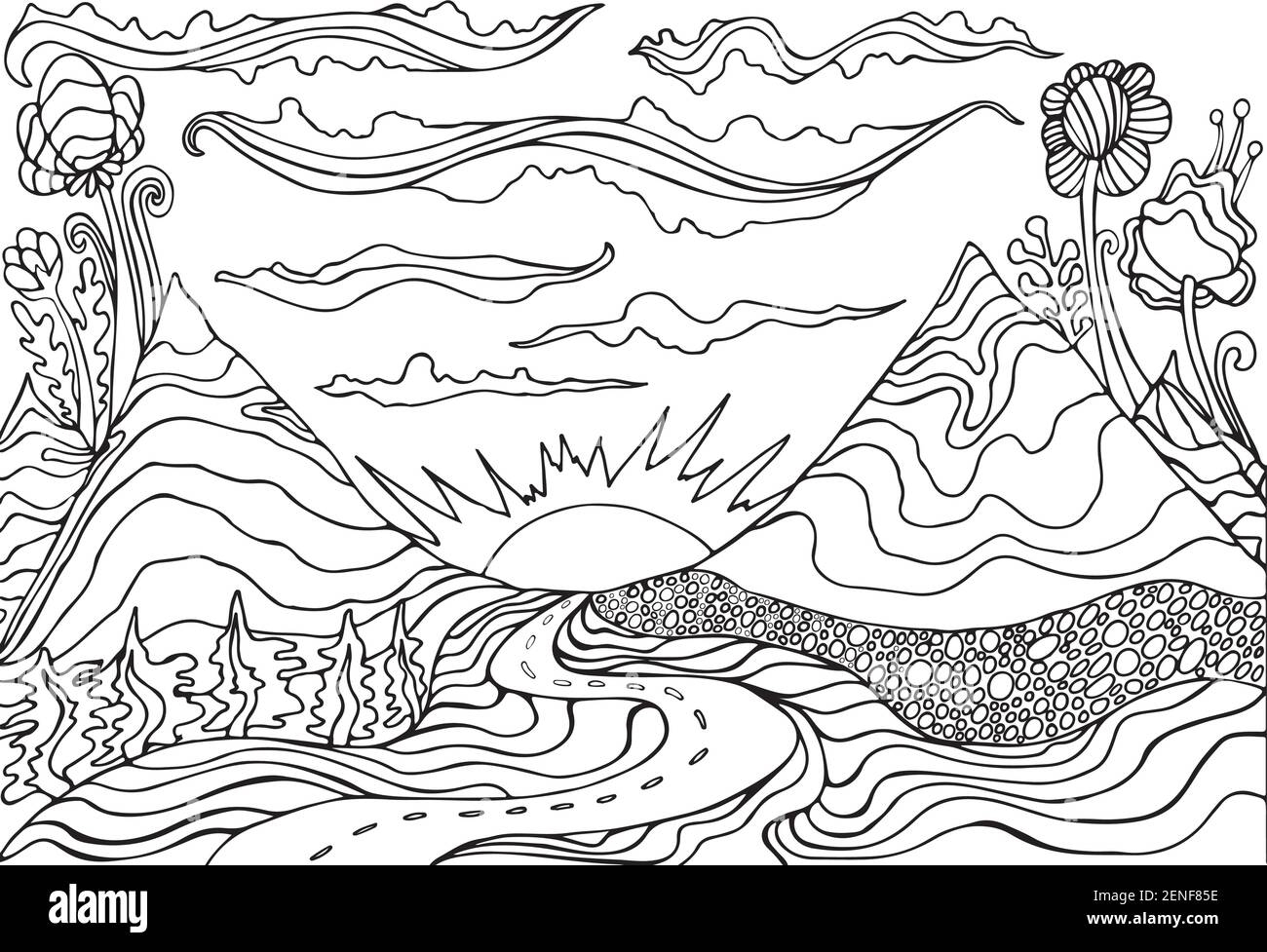 Creative Coloring Page Fantasy With A Mountain Landscape clouds sun And The Road Leading Into The Sunset Cartoon Doodle Style Fantastic Psychedelic Stock Vector Image Art Alamy Creative Coloring Page Fantasy With A Mountain Landscape clouds sun And The Road Leading Into The Sunset Cartoon Doodle Style Fantastic Psychedelic Stock Vector Image Art Alamy