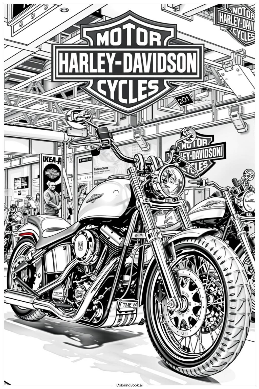 Custom Harley Davidson Motorcycle Show Coloring Page Free PDF PNG Printable 