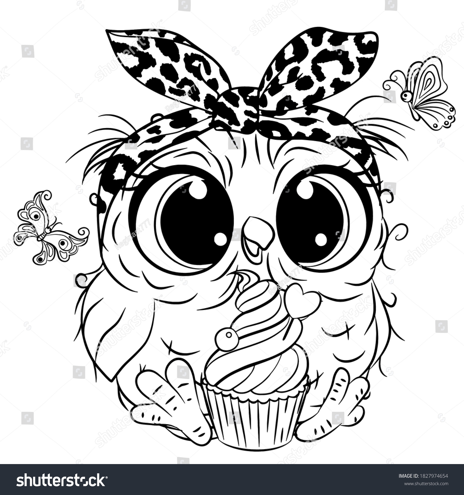 Cute Cartoon Owl Butterlies Outlined Coloring Stock Vector Royalty Free 1827974654 Shutterstock