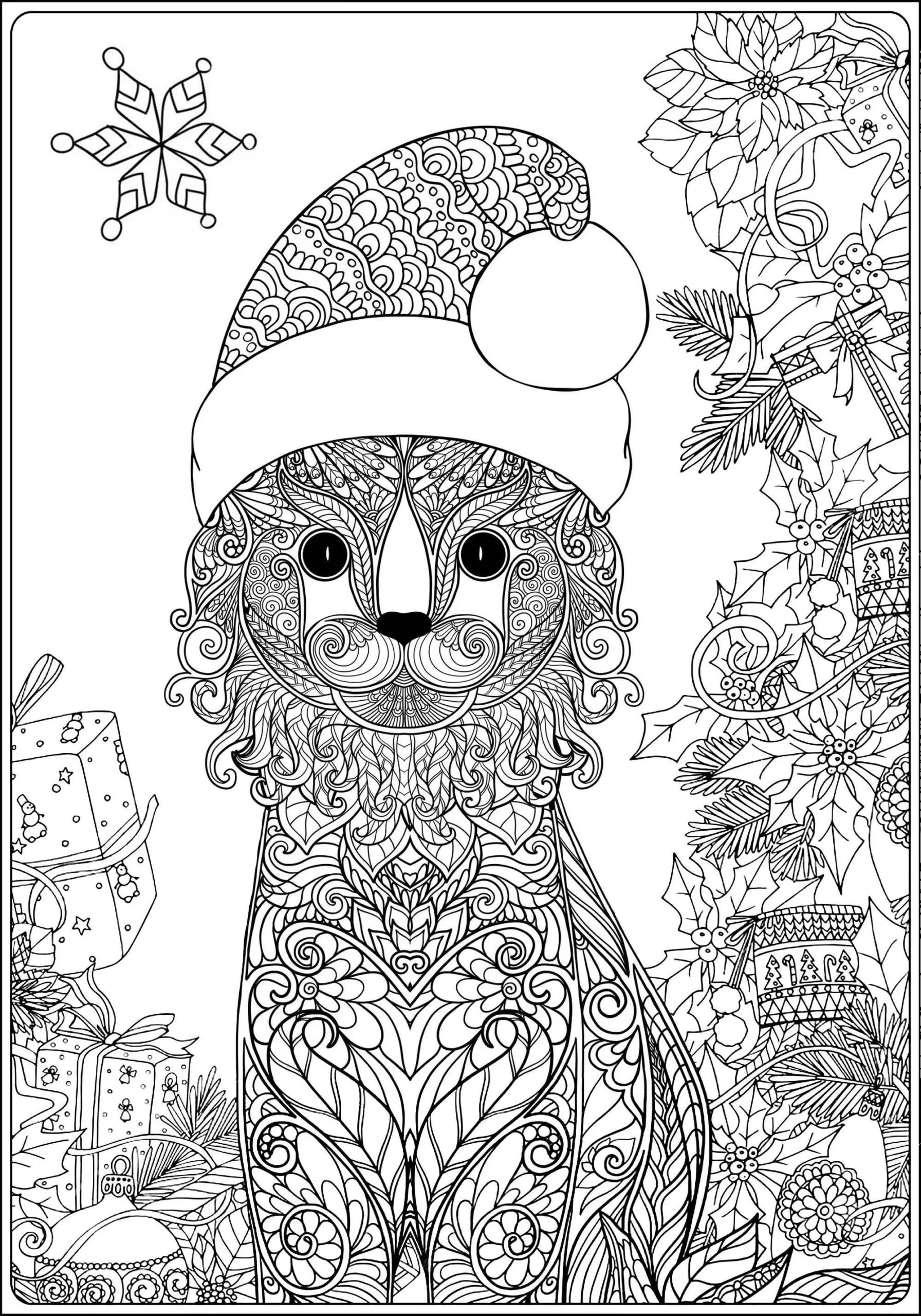 Cute Cat In A Santa Hat Christmas Coloring Pages For Adults Cute Cat In A Santa Hat Christmas Coloring Pages For Adults