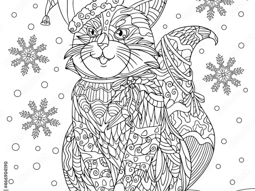 Cute Cat In Christmas Hat See Snow In Winter Coloring Book Page For Adult With Doodle And Zentangle Elements Vector Hand Drawn Isolated Stock Vector Adobe Stock