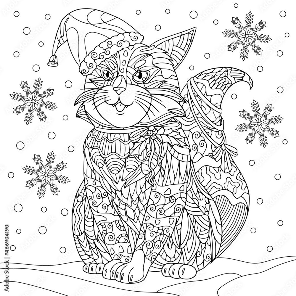 Cute Cat In Christmas Hat See Snow In Winter Coloring Book Page For Adult With Doodle And Zentangle Elements Vector Hand Drawn Isolated Stock Vector Adobe Stock