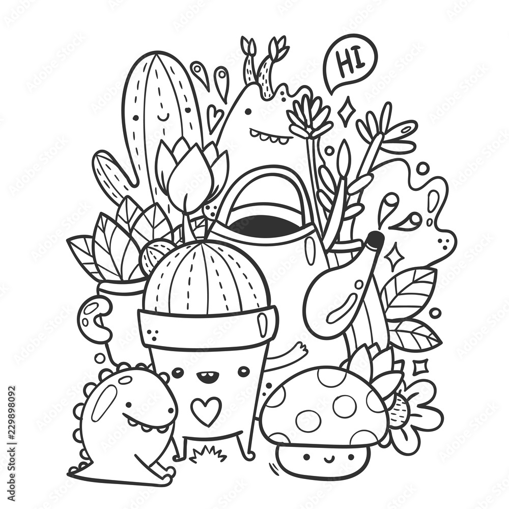 Cute Garden Monsters Doodle Coloring Page Hand Drawn Vector Illustration Stock Vector Adobe Stock