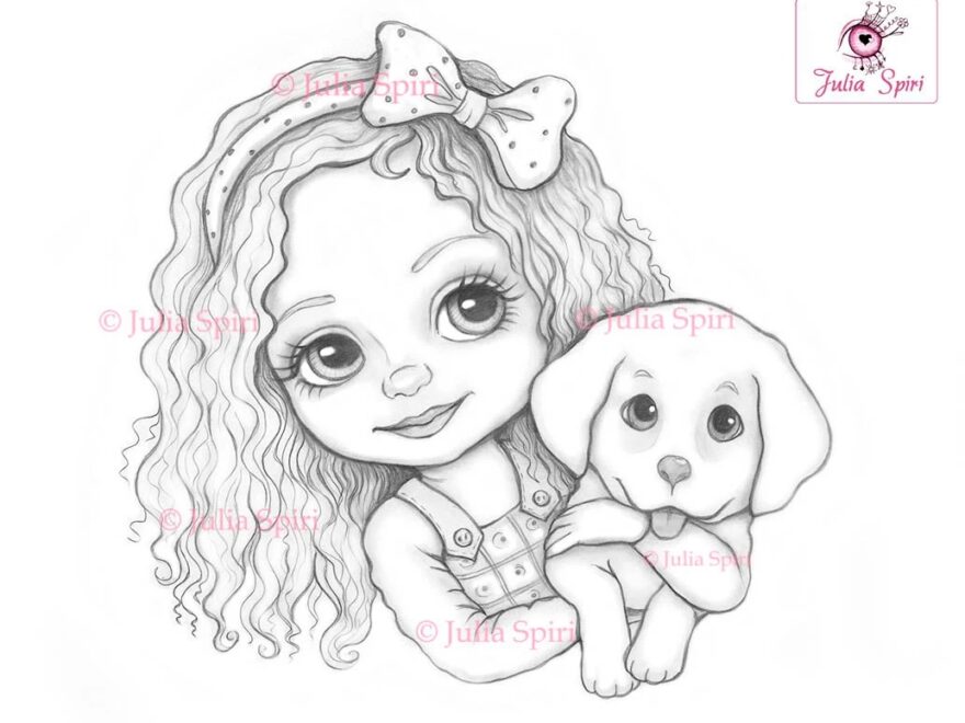 Cute Girl Coloring Page Digital Stamp Digi Dog Doggy Doggie Pet Fantasy Crafting Scrapbooking Card Whimsy Leslie And Puppy Etsy