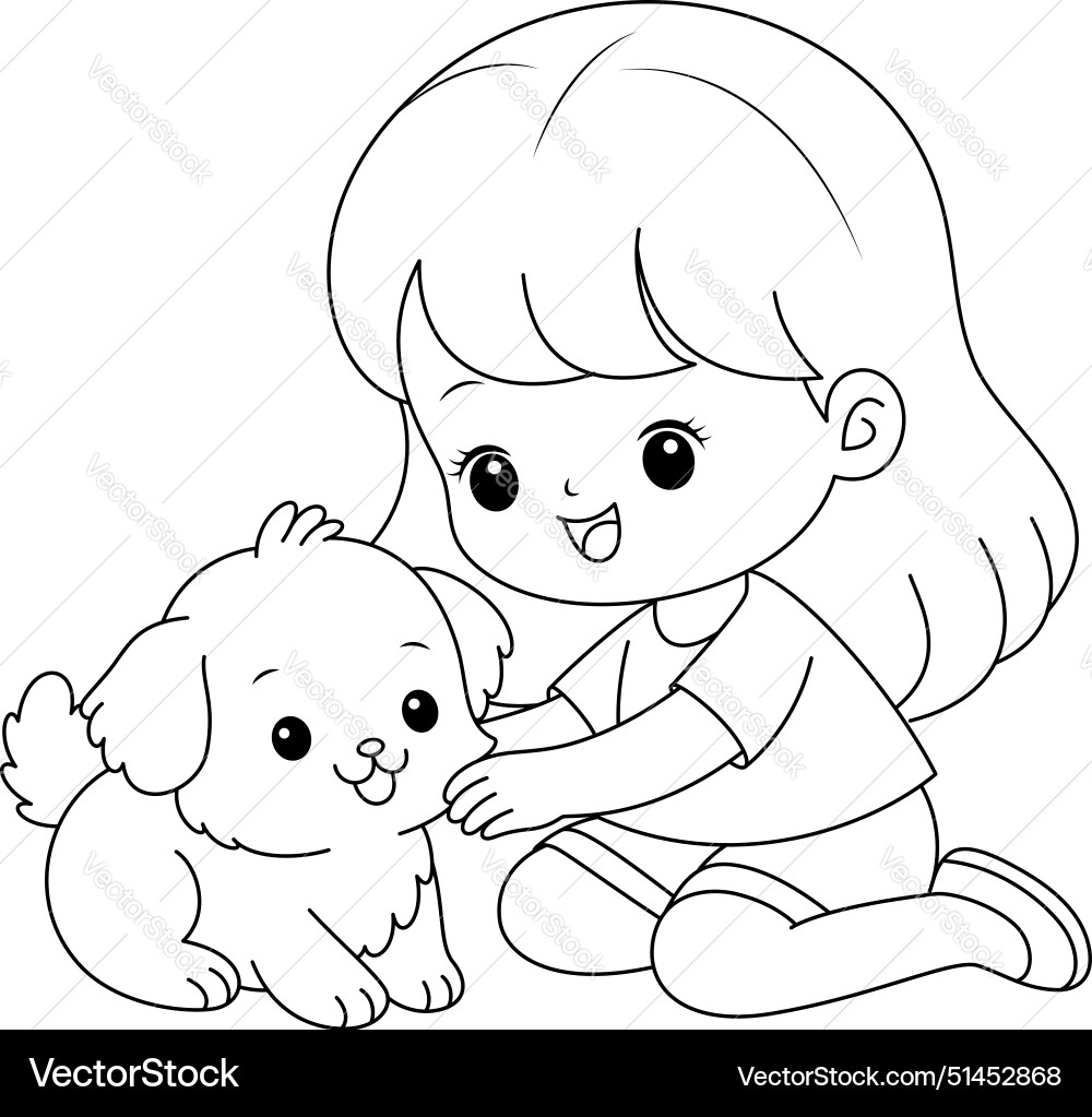 Cute Girl Coloring Page With Dog Royalty Free Vector Image