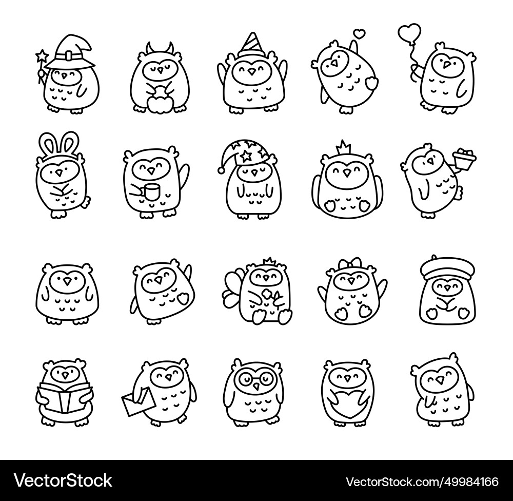 Cute Kawaii Owl Coloring Page Cartoon Funny Wild Vector Image
