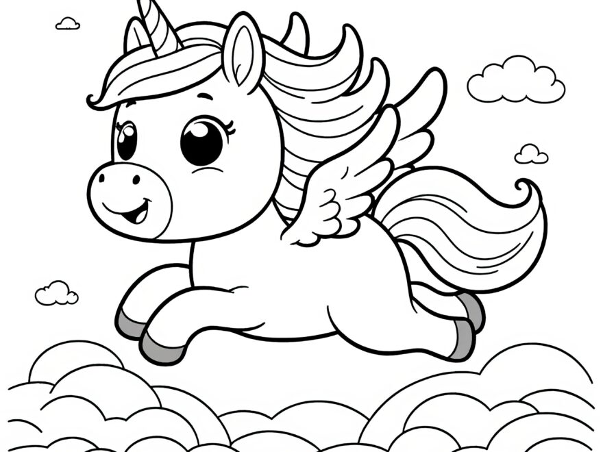 Cute Unicorn With Wings Simple Coloring Picture For Children Free