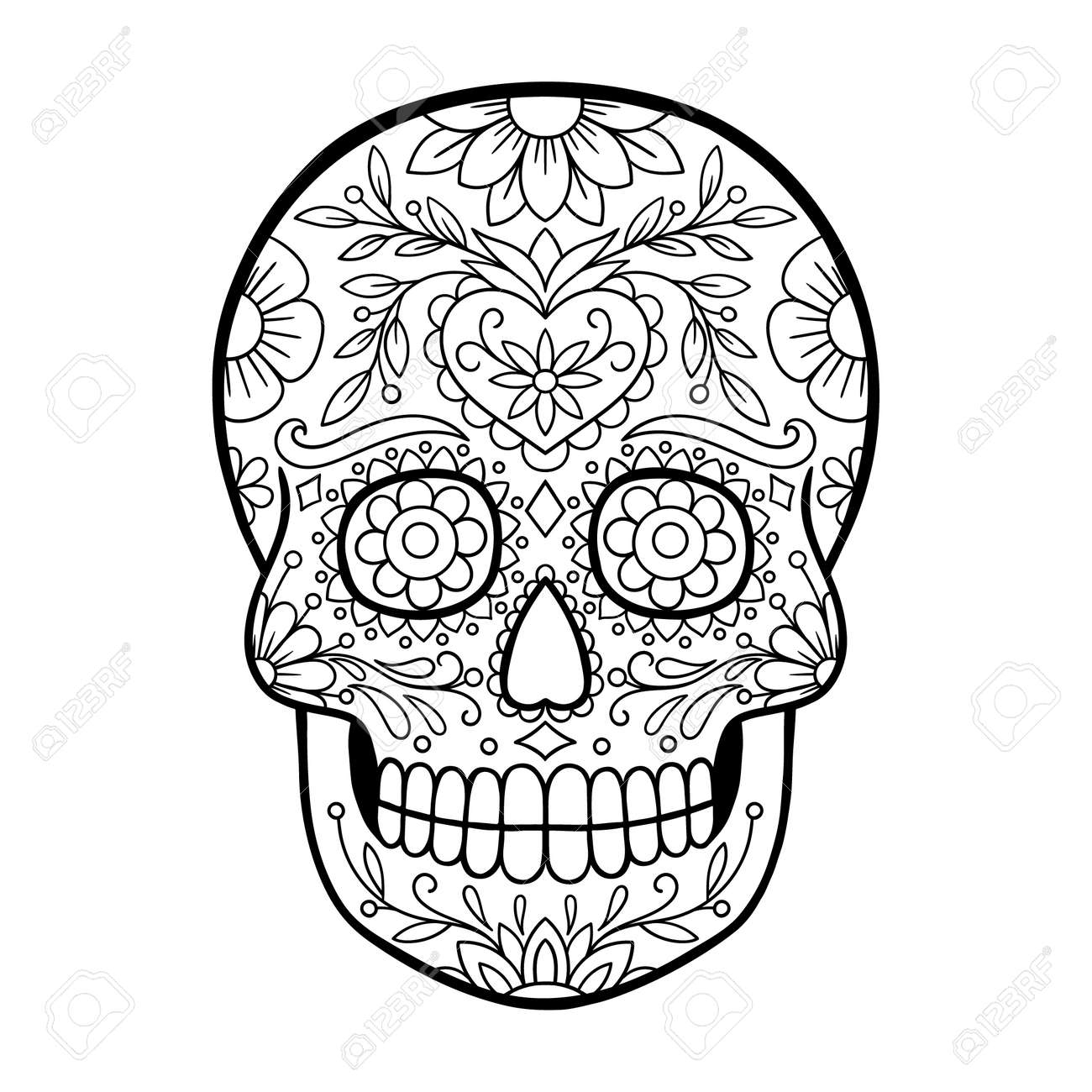 Day Of The Dead Sugar Skull Tattoo Mexican Skull Coloring Page Royalty Free SVG Cliparts Vectors And Stock Illustration Image 163454176 