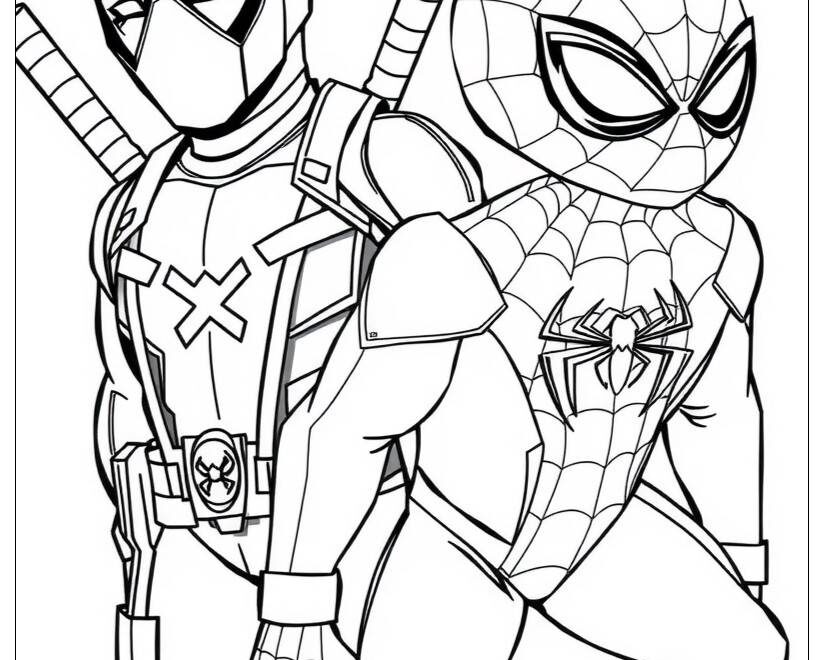 Deadpool And Spider Man Teamwork Coloring Page Free PDF PNG Printable