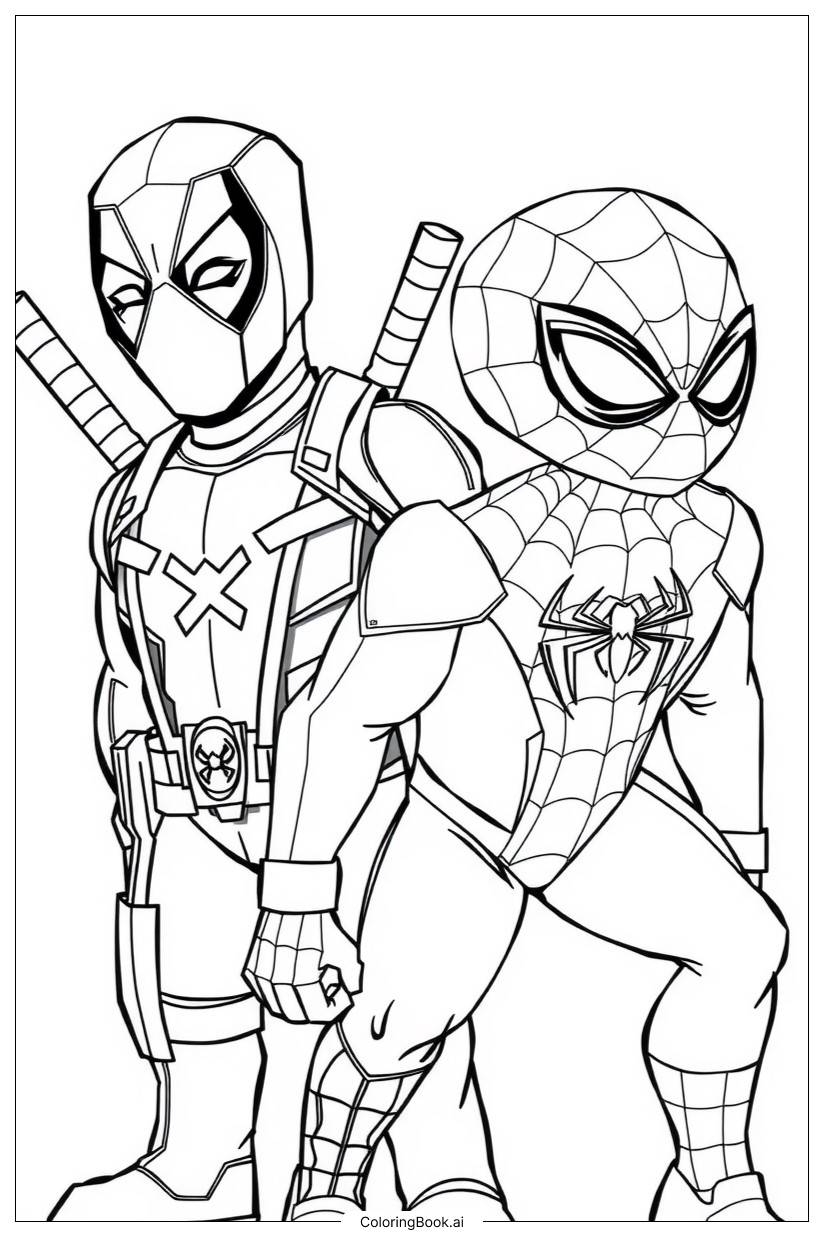 Deadpool And Spider Man Teamwork Coloring Page Free PDF PNG Printable 