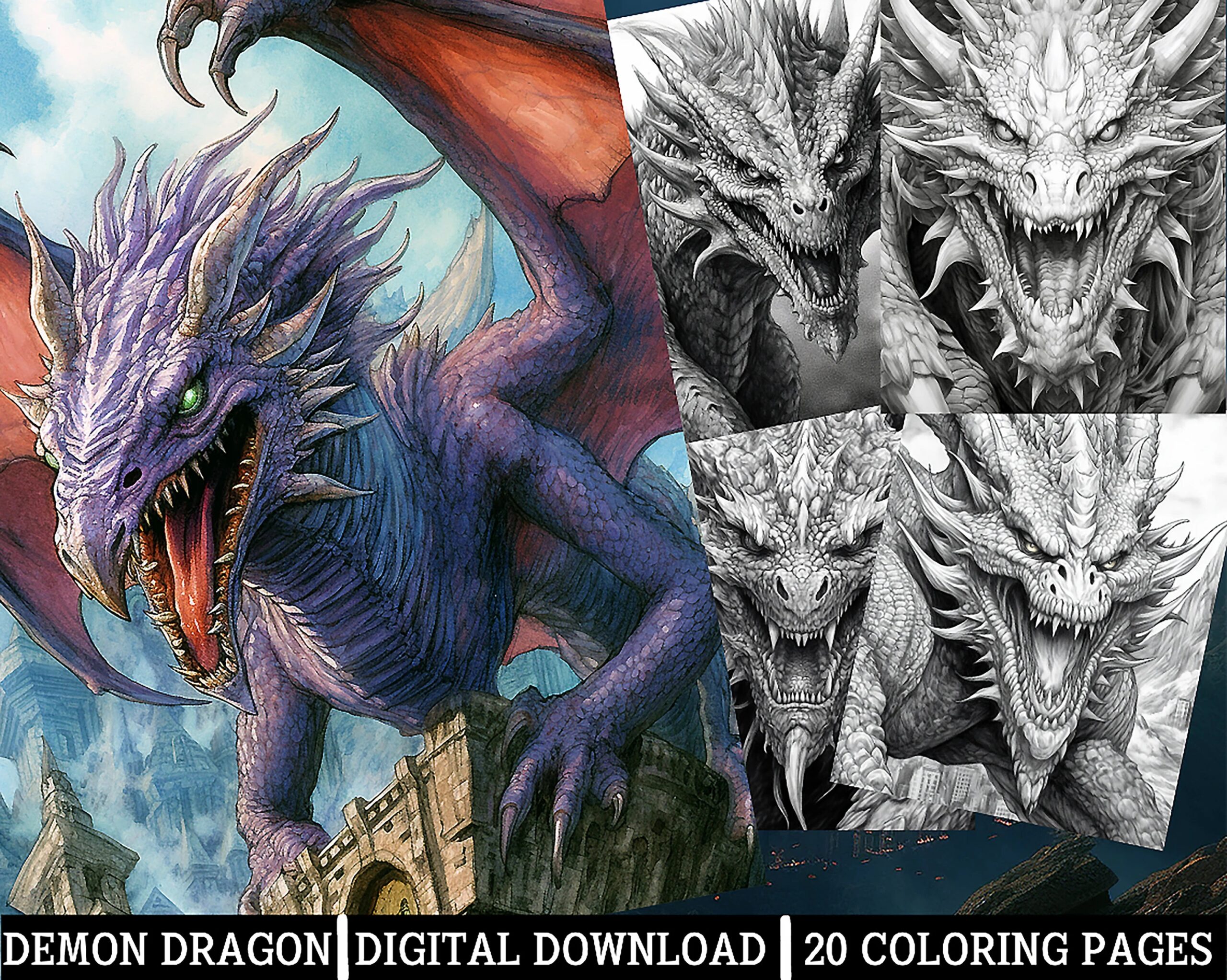Demonic Dragons Coloring Pages For Adults Instant Download Grayscale Coloring Page Printable PNG JPEG Color Grading Horror Art Inspired Etsy