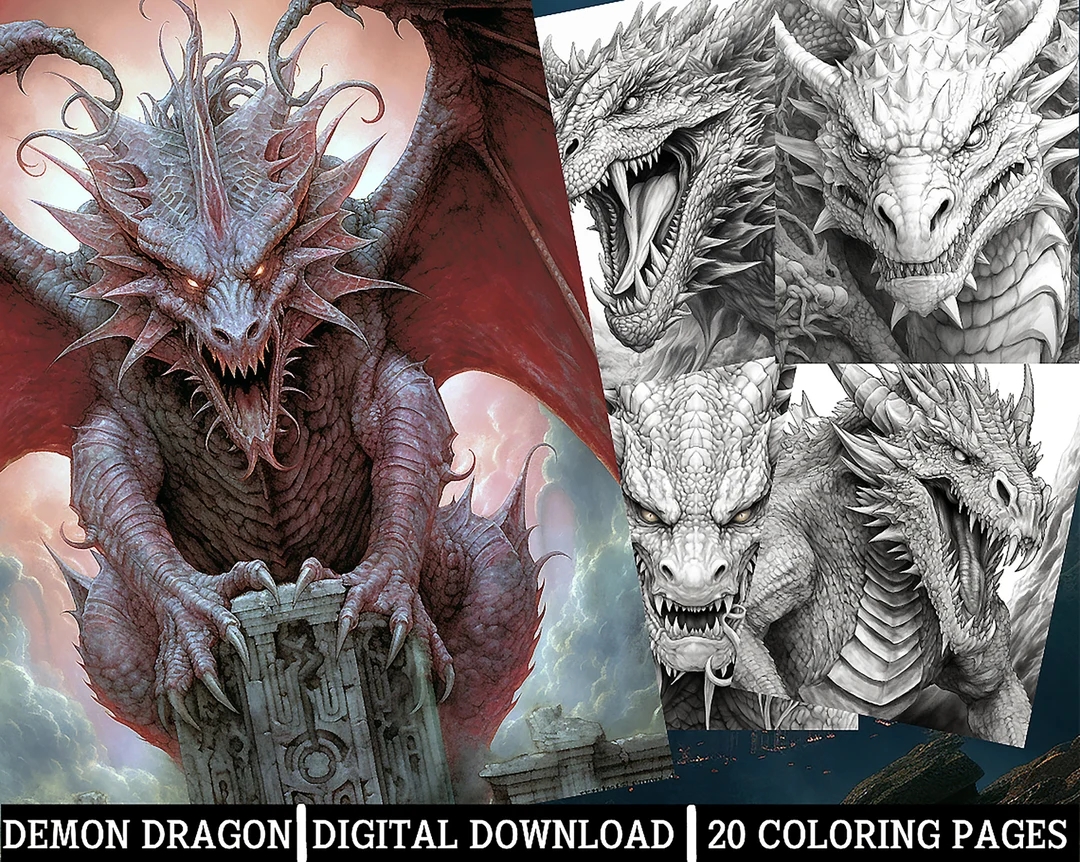 Demonic Dragons Coloring Pages For Adults Instant Download Grayscale Coloring Page Printable PNG JPEG Color Grading Horror Art Inspired Etsy