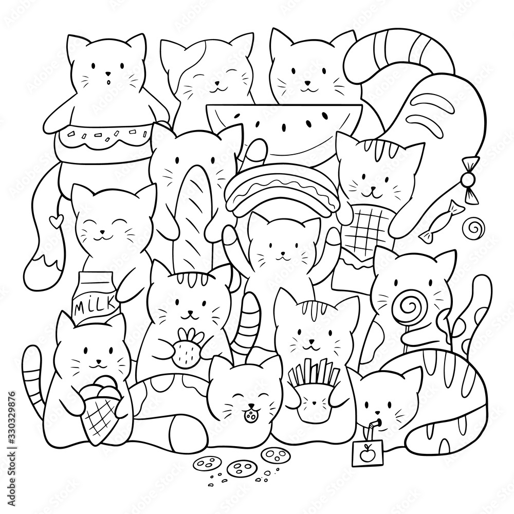 Doodle Coloring Page For Children And Adults Cute Kawaii Vector Cats With Food And Sweets Black And White Illustration Stock Vector Adobe Stock Doodle Coloring Page For Children And Adults Cute Kawaii Vector Cats With Food And Sweets Black And White Illustration Stock Vector Adobe Stock