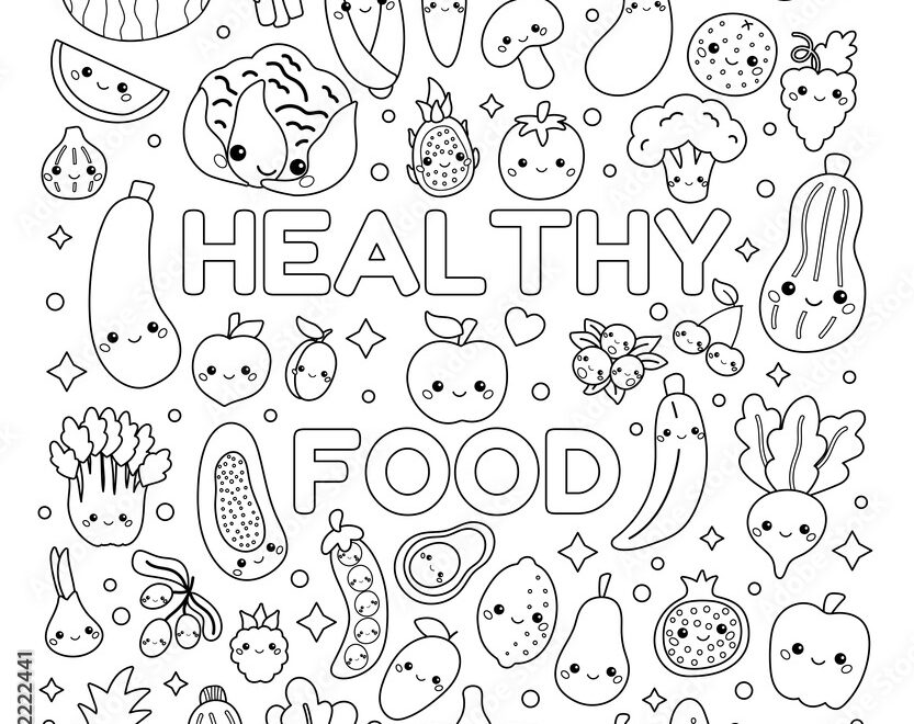 Doodle Coloring Page With Cute Vegetables And Fruits Set Of Healthy Food With Funny Faces Kawaii Cartoon Characters Black And White Outline Vector Illustration Stock Vector Adobe Stock
