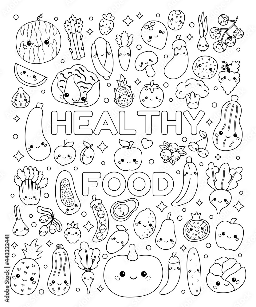 Doodle Coloring Page With Cute Vegetables And Fruits Set Of Healthy Food With Funny Faces Kawaii Cartoon Characters Black And White Outline Vector Illustration Stock Vector Adobe Stock Doodle Coloring Page With Cute Vegetables And Fruits Set Of Healthy Food With Funny Faces Kawaii Cartoon Characters Black And White Outline Vector Illustration Stock Vector Adobe Stock