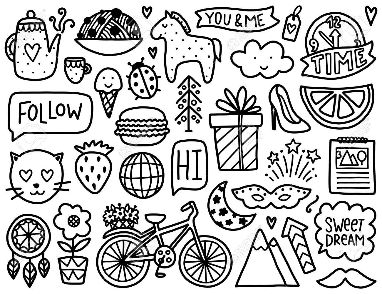 Doodles Cute Elements Black Vector Coloring Page Illustration With Bicycle And Flower Animals And Tea Gift And Stars Design For Prints And Cards Stock Photo Picture And Royalty Free Image Image 68669563 