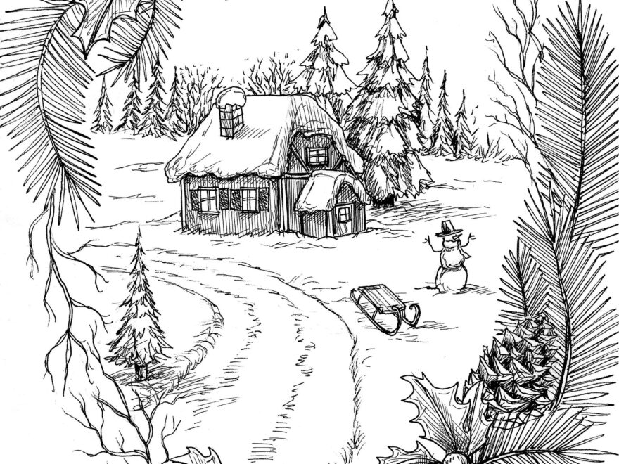Downloadable Christmas Winter Scene Coloring Page Etsy