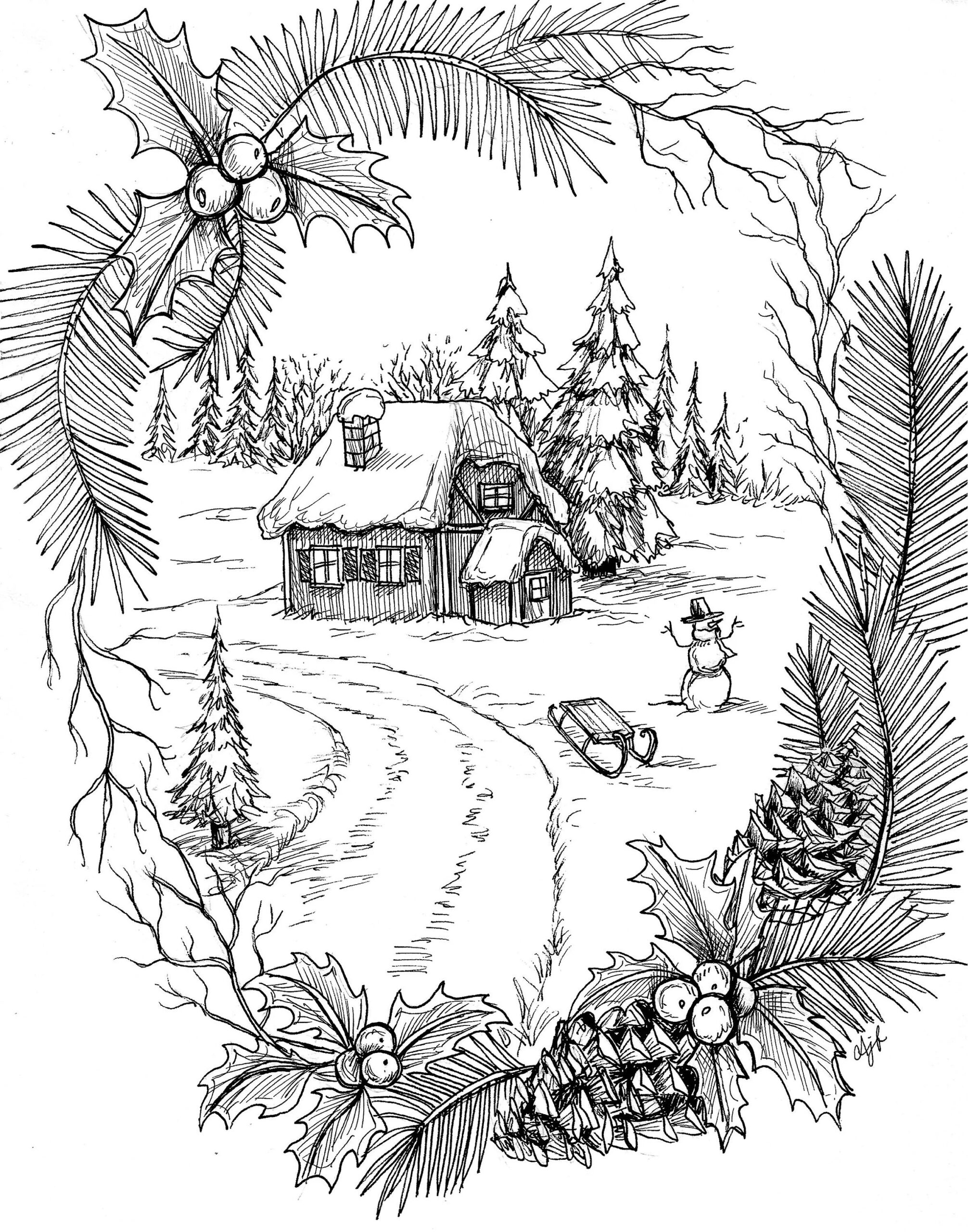 Downloadable Christmas Winter Scene Coloring Page Etsy