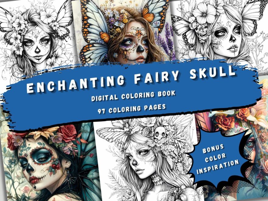 Enchanting Fairy Skull Coloring Pages 97 Mystical Illustrations Of Floral Face Paint Wings Etsy