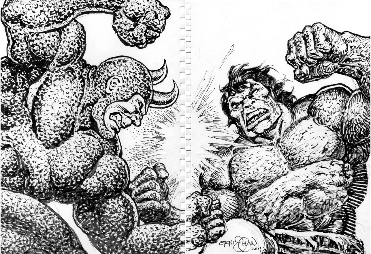 Ernie Chan The Hulk Vs The Rhino Complete Pic In Michael Diaz s 9x12 SKETCH BOOK Comic Art Gallery Room