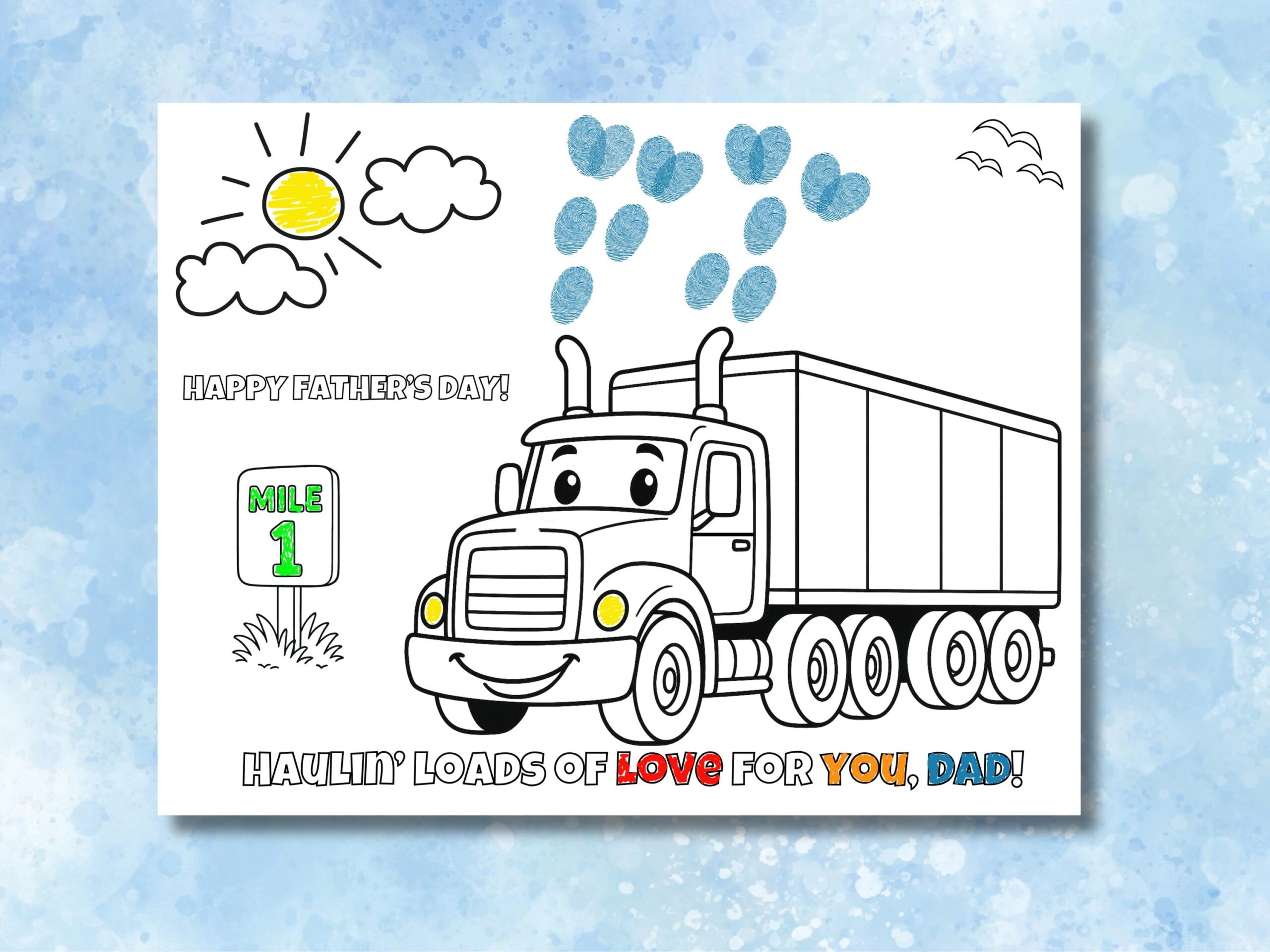 Fathers Day Semi Truck Coloring Page Fingerprint Craft Printable Gift For Fathers Day Truck Driver Fingerprint Art Dad Day For Baby Boy Son Etsy