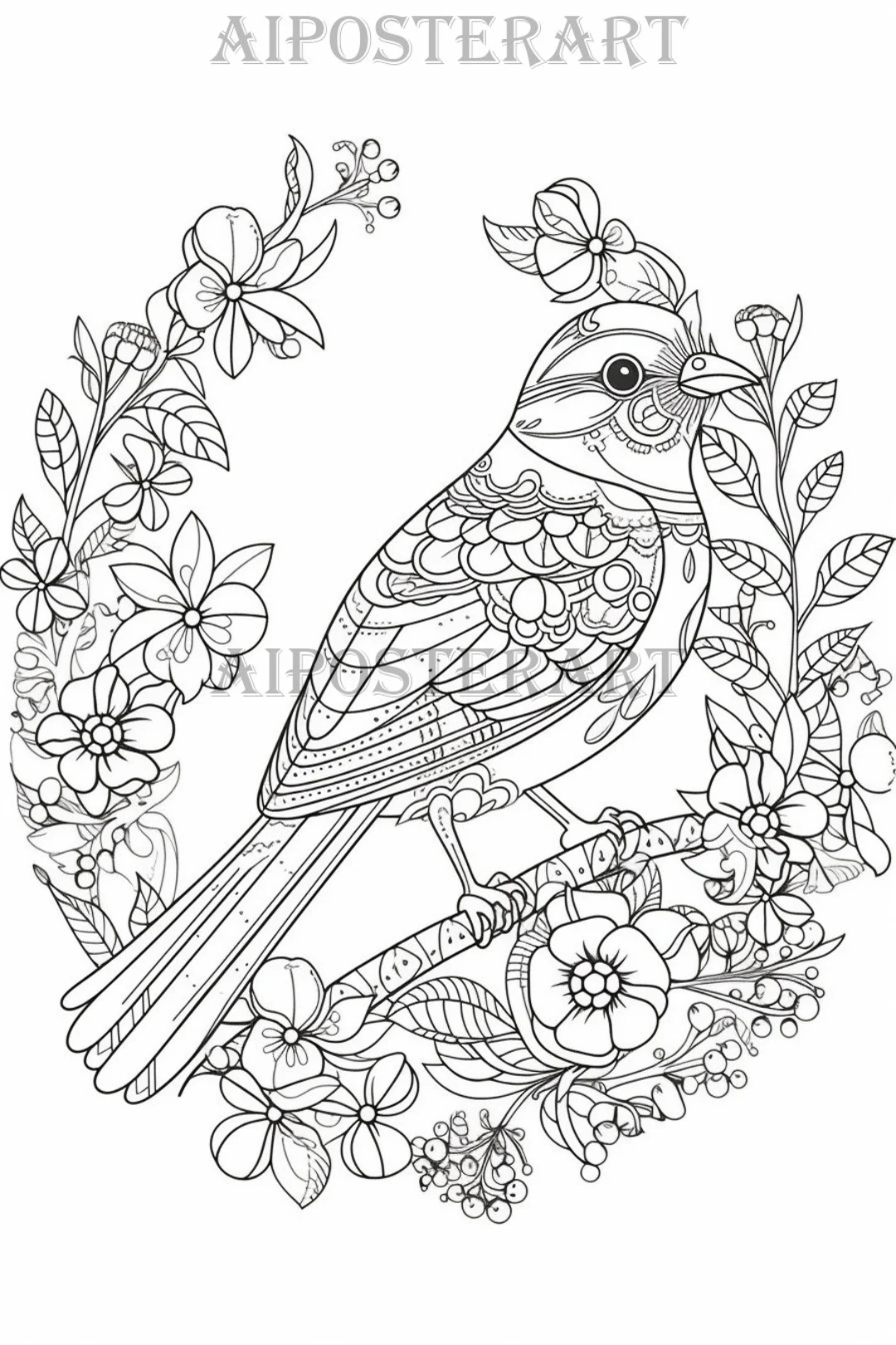 Finch Coloring Page For Adults Printable Coloring Sheet Advanced Bird Coloring Page For Adults With Floral Framing 1792x2688 Pixels Etsy